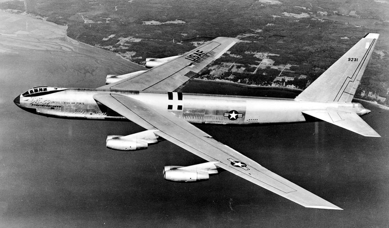 YB-52 prototype in flight. Note the original tandem cockpit and tall vertical stabilizer.